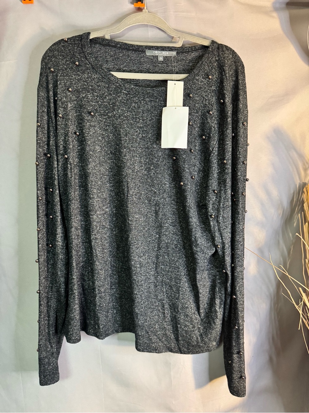 Colette Charcoal Gray Pearl-Embellished Long Sleeve Tee